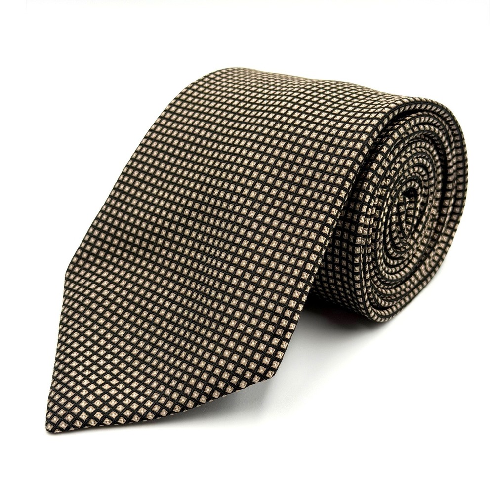 Chaps Tan Black Micro Check 100% Silk Geometric Mens Tie Handmade 59"L